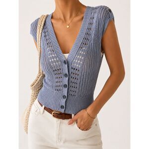 Mudd Gray Open Knit Button Front Cardigan Sweater Vest XL Y2K Cottagecore